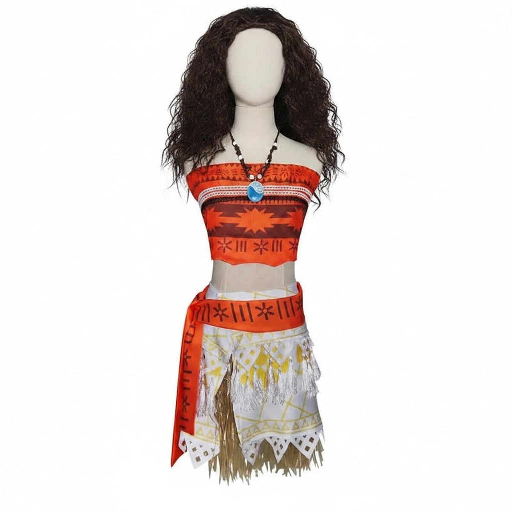 Princess Costume Tropical Print Top Grass Skirt and Pendant Halloween