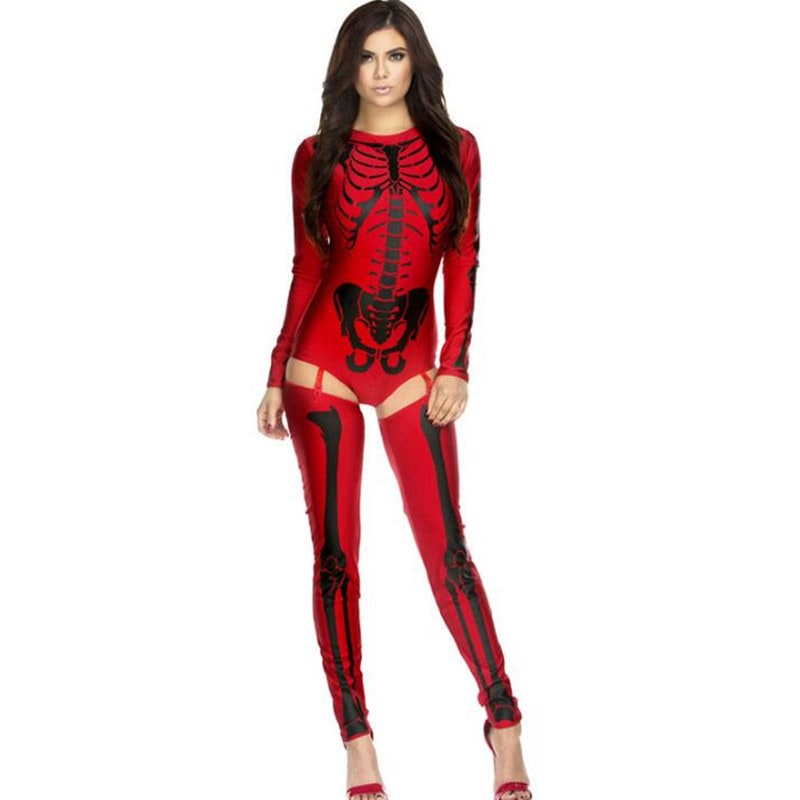 Skeleton Costume Outfit Bodysuit with Thigh High Leggings Halloween Party