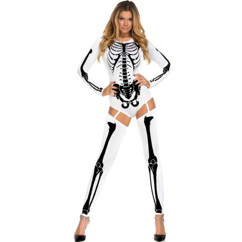 Skeleton Costume Outfit Bodysuit with Thigh High Leggings Halloween Party