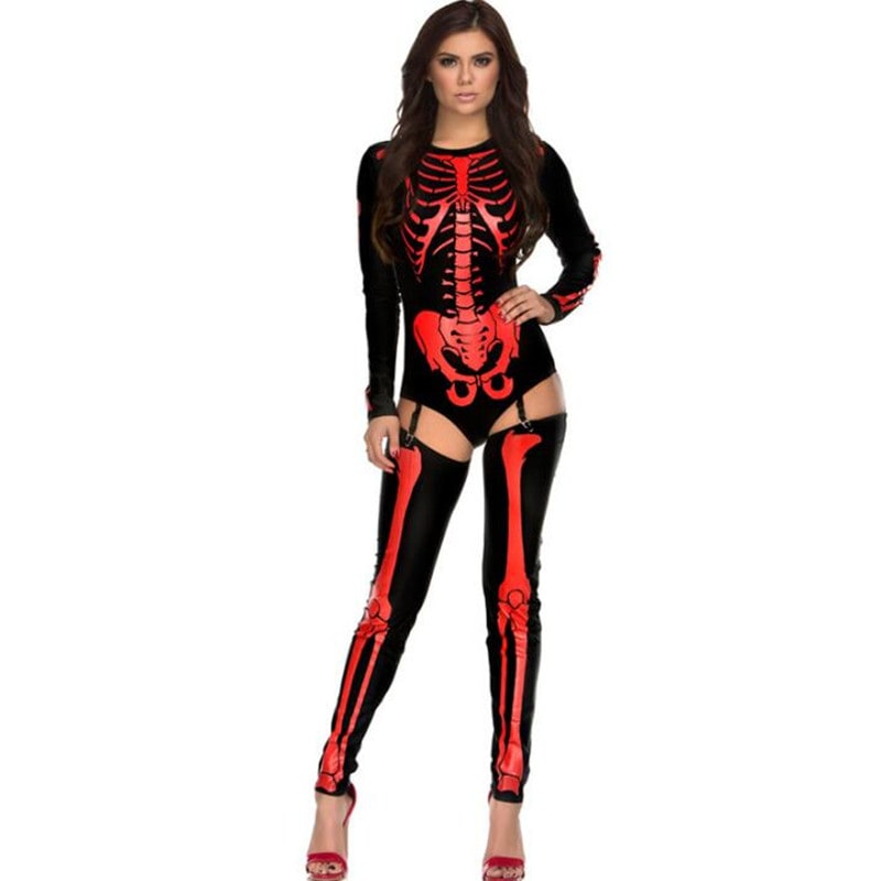 Skeleton Costume Outfit Bodysuit with Thigh High Leggings Halloween Party
