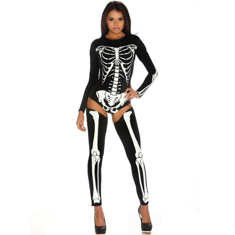 Skeleton Costume Outfit Bodysuit with Thigh High Leggings Halloween Party
