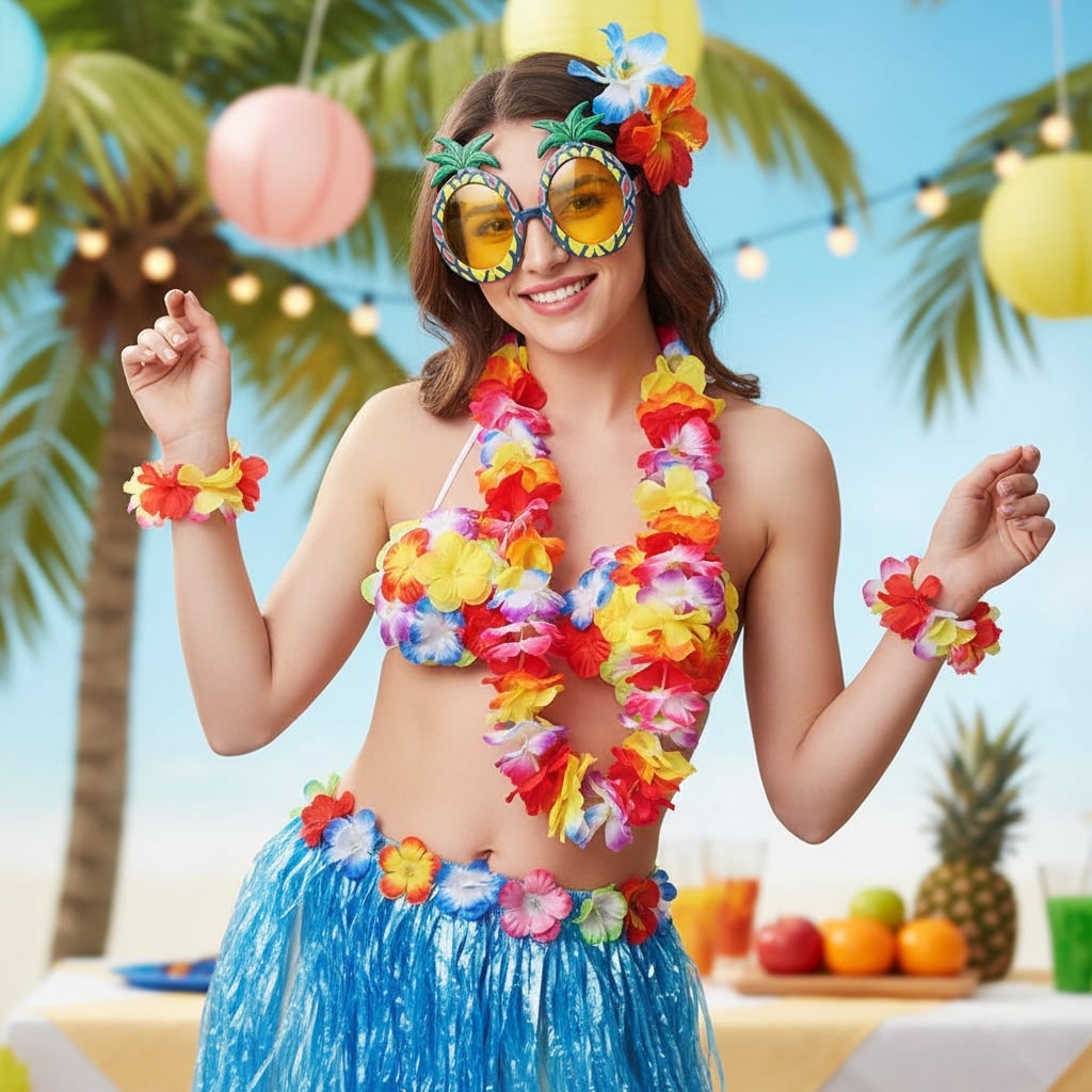 Hawaiian Hula Costume Two Piece Skirt and Top Set with Grass Flower Lei Halloween