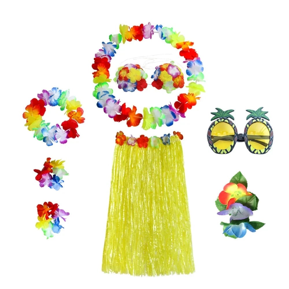 Hawaiian Hula Costume Two Piece Skirt and Top Set with Grass Flower Lei Halloween