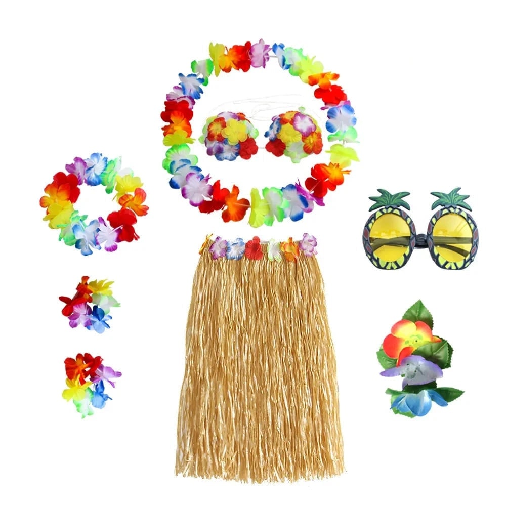 Hawaiian Hula Costume Two Piece Skirt and Top Set with Grass Flower Lei Halloween
