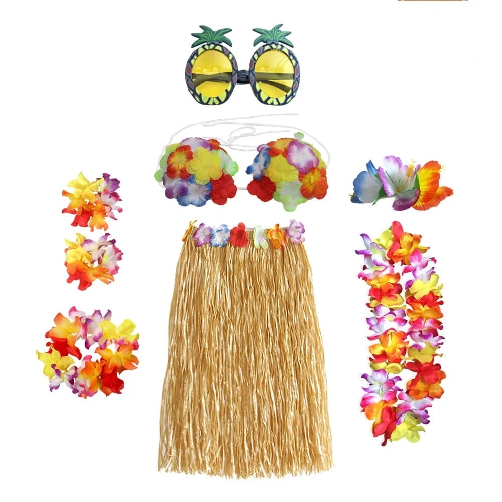 Hawaiian Hula Costume Two Piece Skirt and Top Set with Grass Flower Lei Halloween