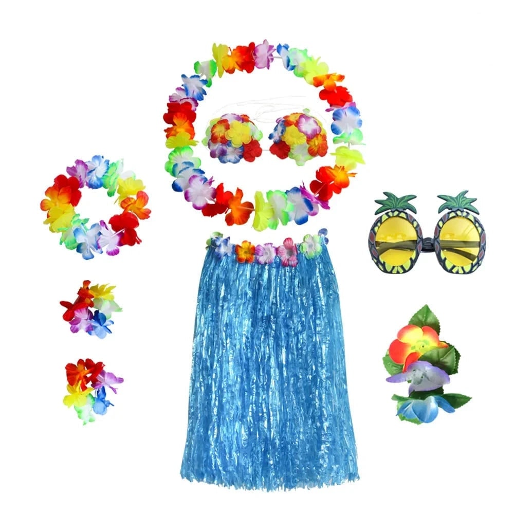 Hawaiian Hula Costume Two Piece Skirt and Top Set with Grass Flower Lei Halloween