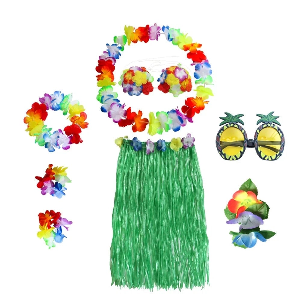 Hawaiian Hula Costume Two Piece Skirt and Top Set with Grass Flower Lei Halloween