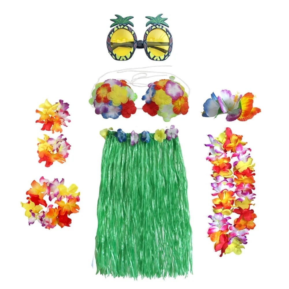 Hawaiian Hula Costume Two Piece Skirt and Top Set with Grass Flower Lei Halloween