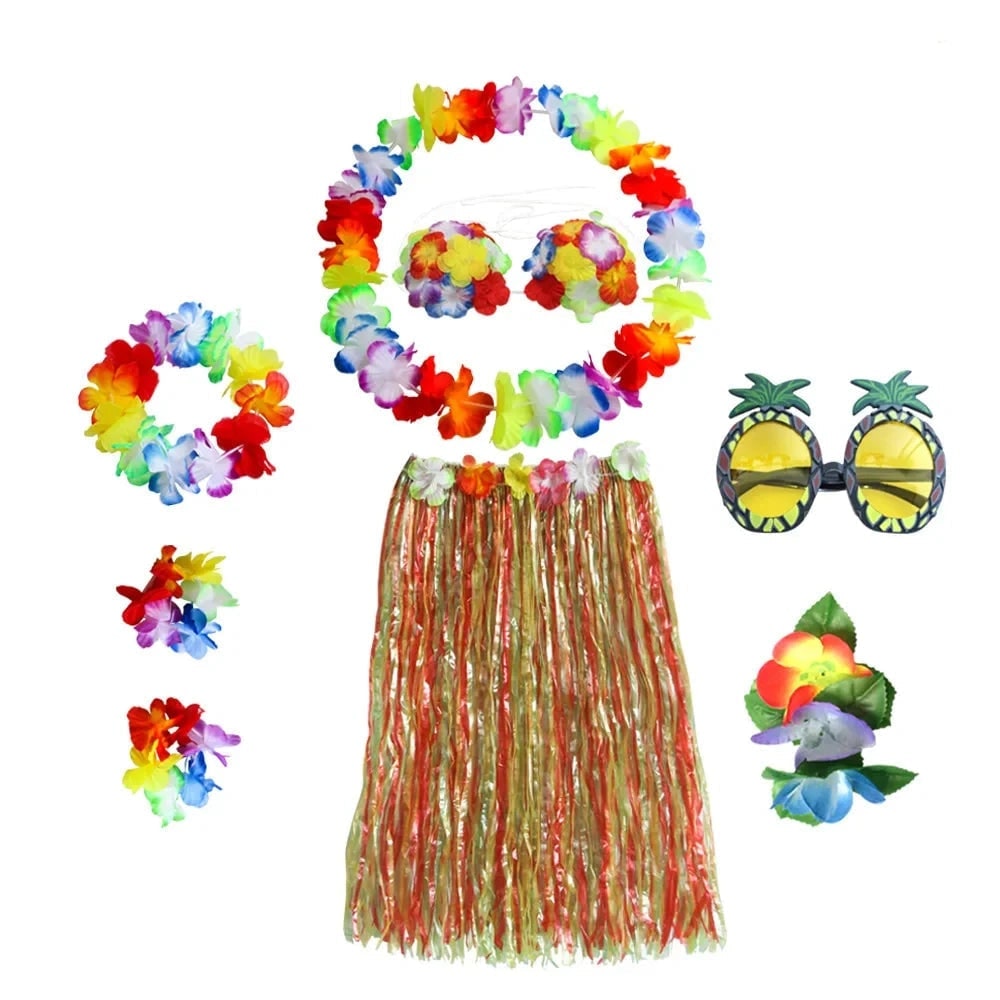 Hawaiian Hula Costume Two Piece Skirt and Top Set with Grass Flower Lei Halloween