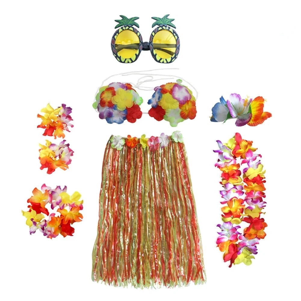 Hawaiian Hula Costume Two Piece Skirt and Top Set with Grass Flower Lei Halloween
