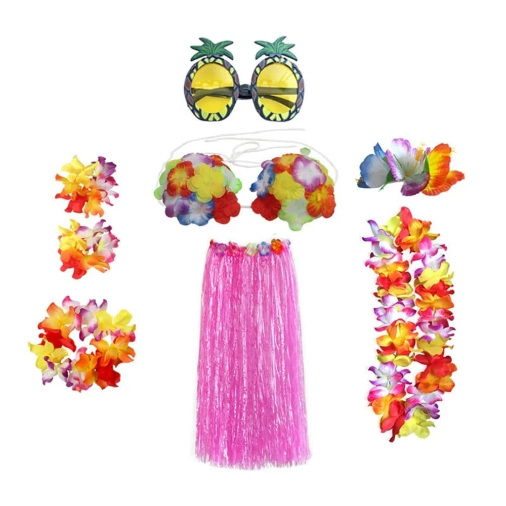Hawaiian Hula Costume Two Piece Skirt and Top Set with Grass Flower Lei Halloween
