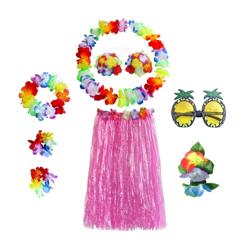 Hawaiian Hula Costume Two Piece Skirt and Top Set with Grass Flower Lei Halloween