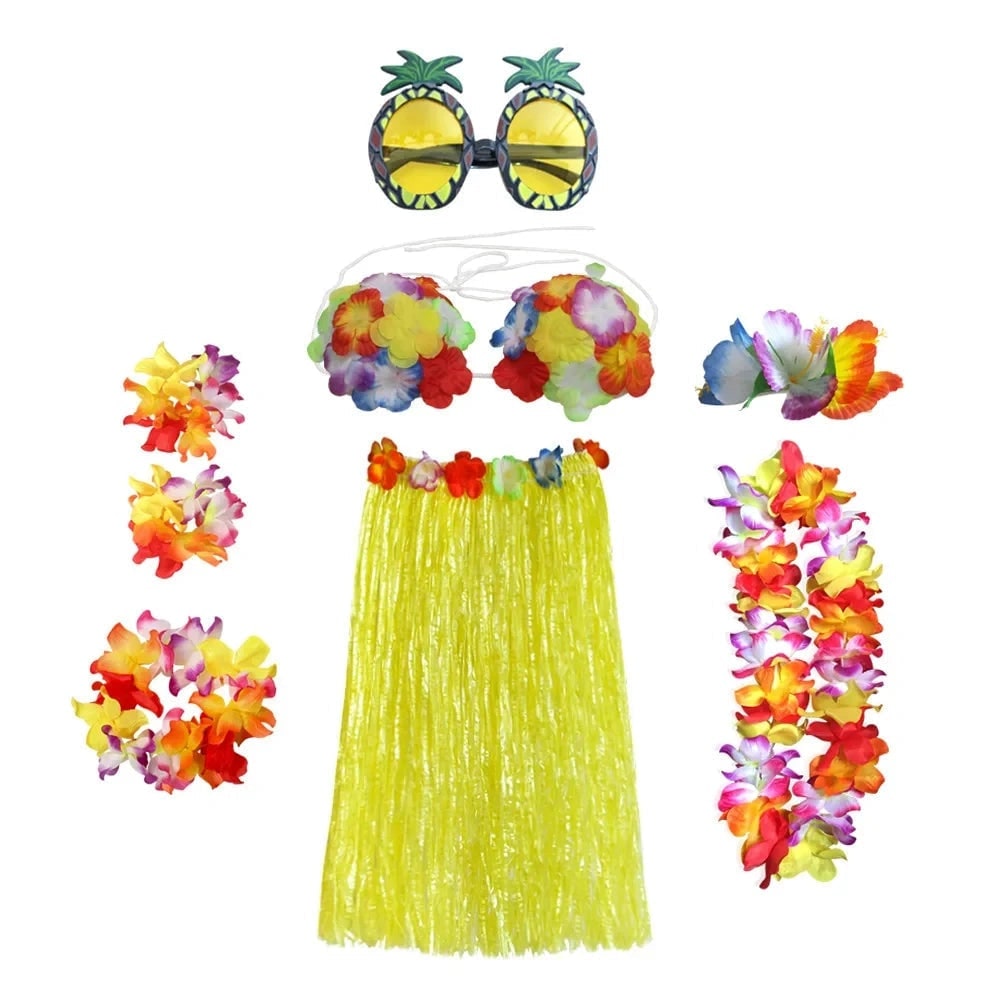 Hawaiian Hula Costume Two Piece Skirt and Top Set with Grass Flower Lei Halloween