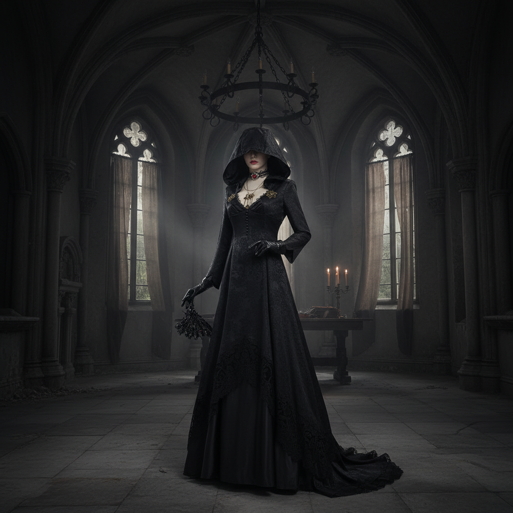 Vampire Costume Gothic Hooded Black Dress with Lace Choker and Gloves Halloween