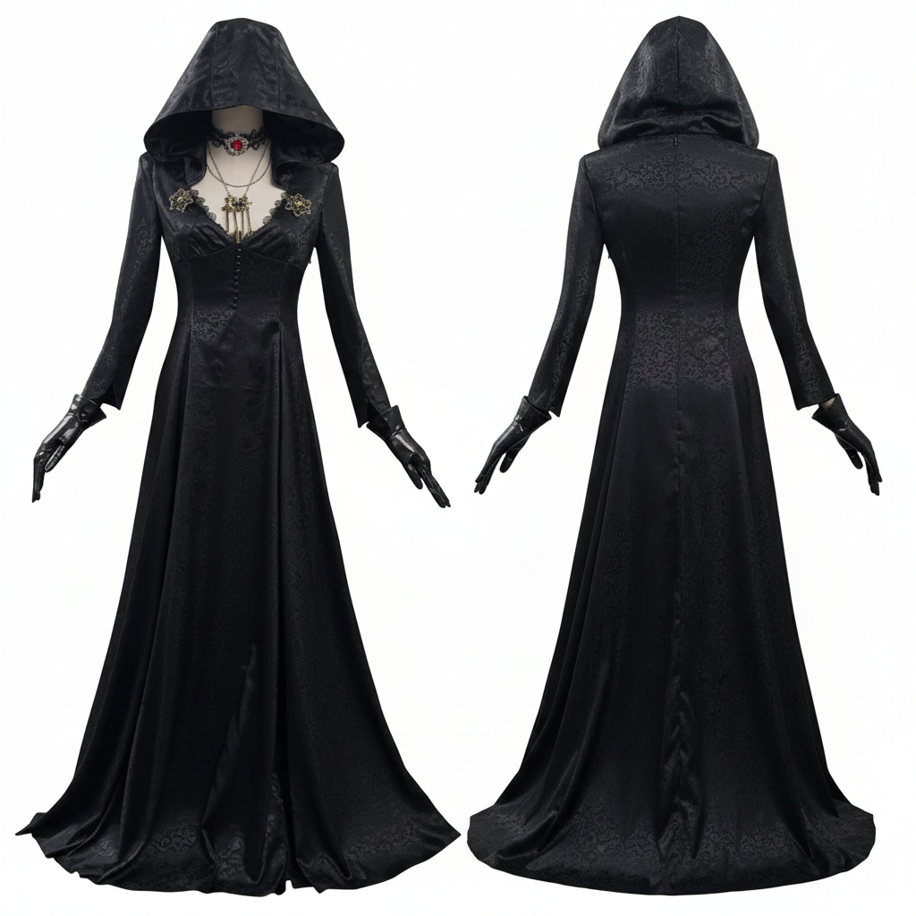 Vampire Costume Gothic Hooded Black Dress with Lace Choker and Gloves Halloween