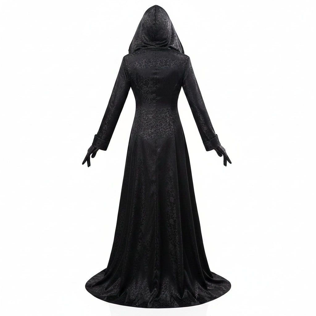 Vampire Costume Gothic Hooded Black Dress with Lace Choker and Gloves Halloween