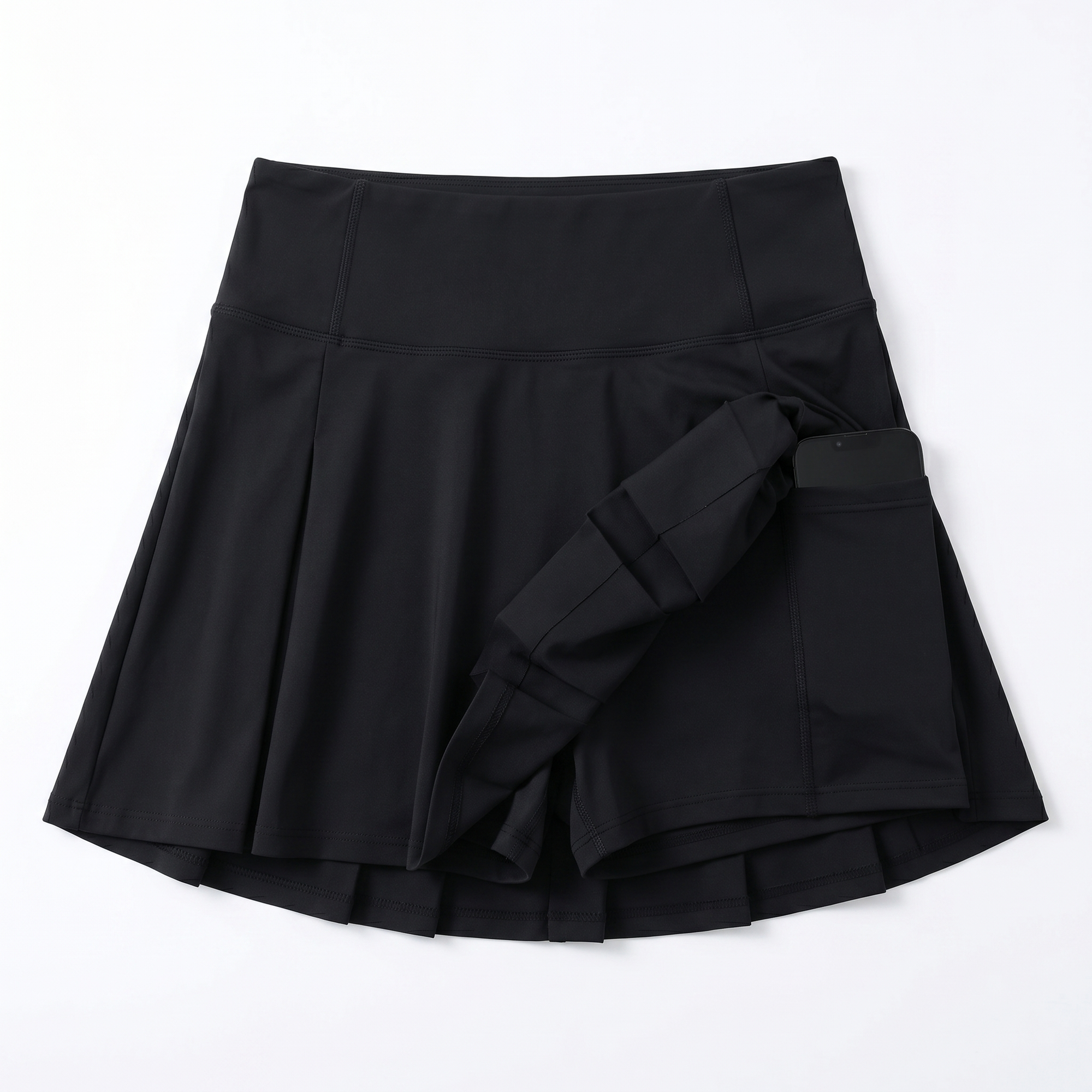 Black high-waisted pleated tennis skirt with built-in shorts