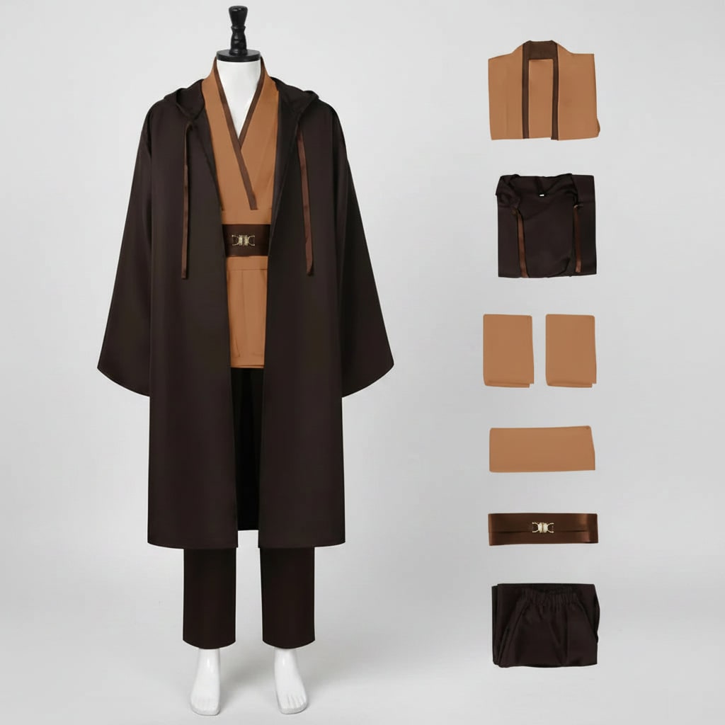 Jedi Costume Cosplay Outfit Hooded Robe Tunic Sash and Belt Halloween Party