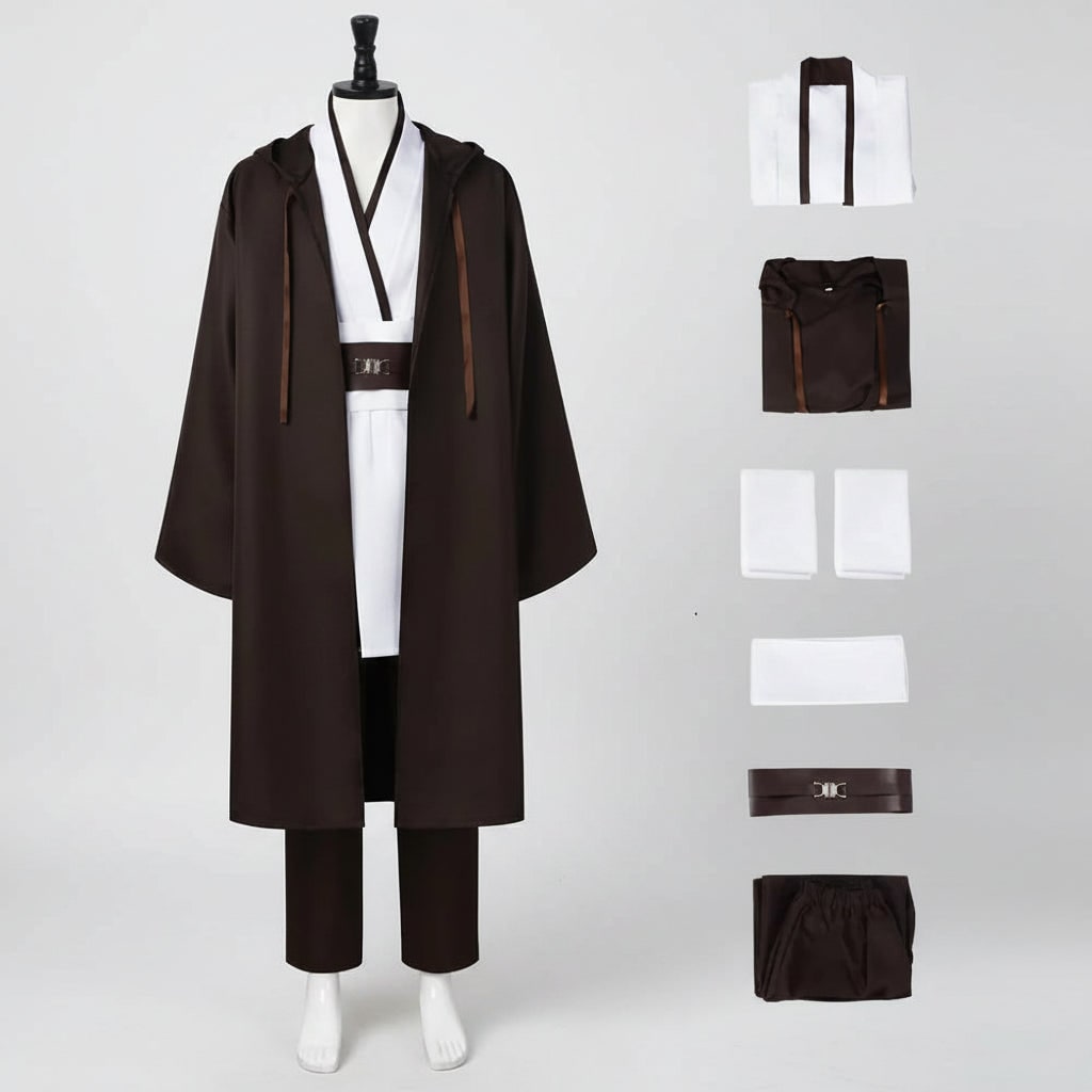 Jedi Costume Cosplay Outfit Hooded Robe Tunic Sash and Belt Halloween Party