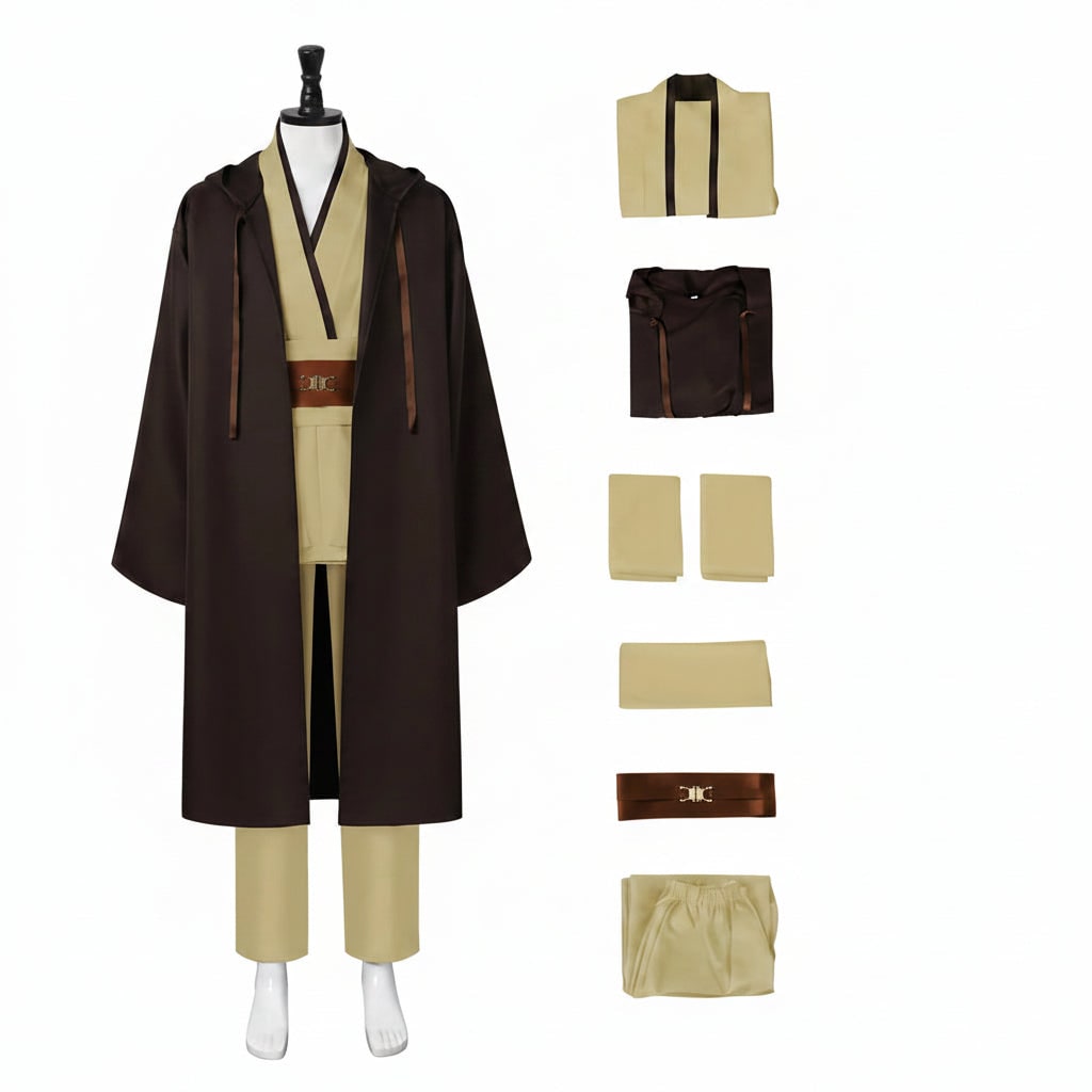 Jedi Costume Cosplay Outfit Hooded Robe Tunic Sash and Belt Halloween Party