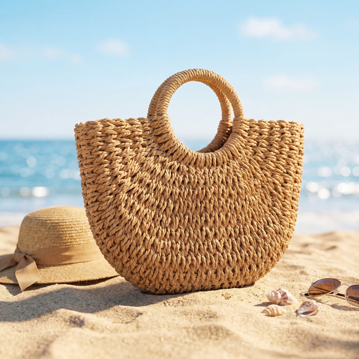 Handmade Half-Moon Woven Straw Tote Bag