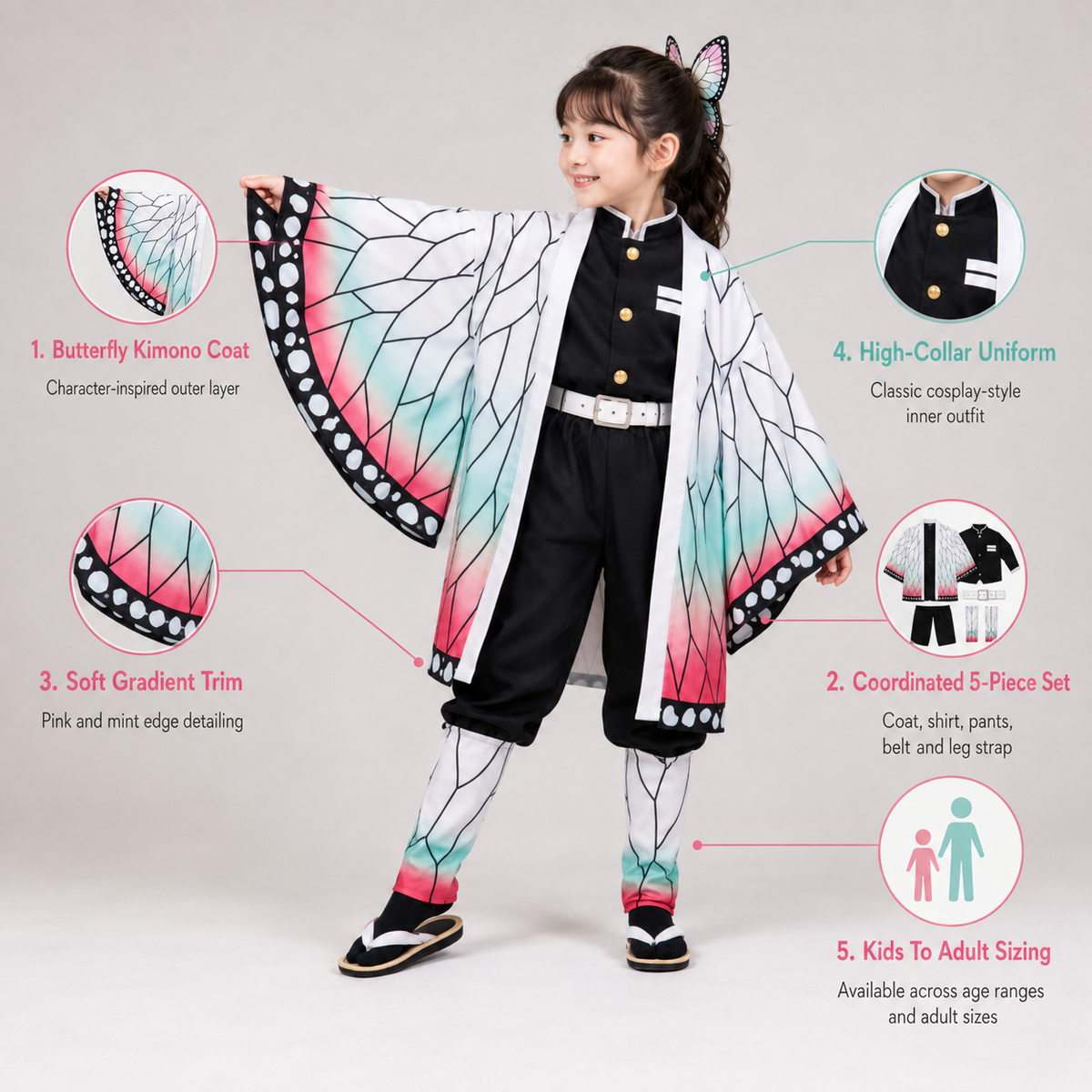 Kids Anime Cosplay Costume Butterfly Kimono Jacket Five Piece Set Halloween