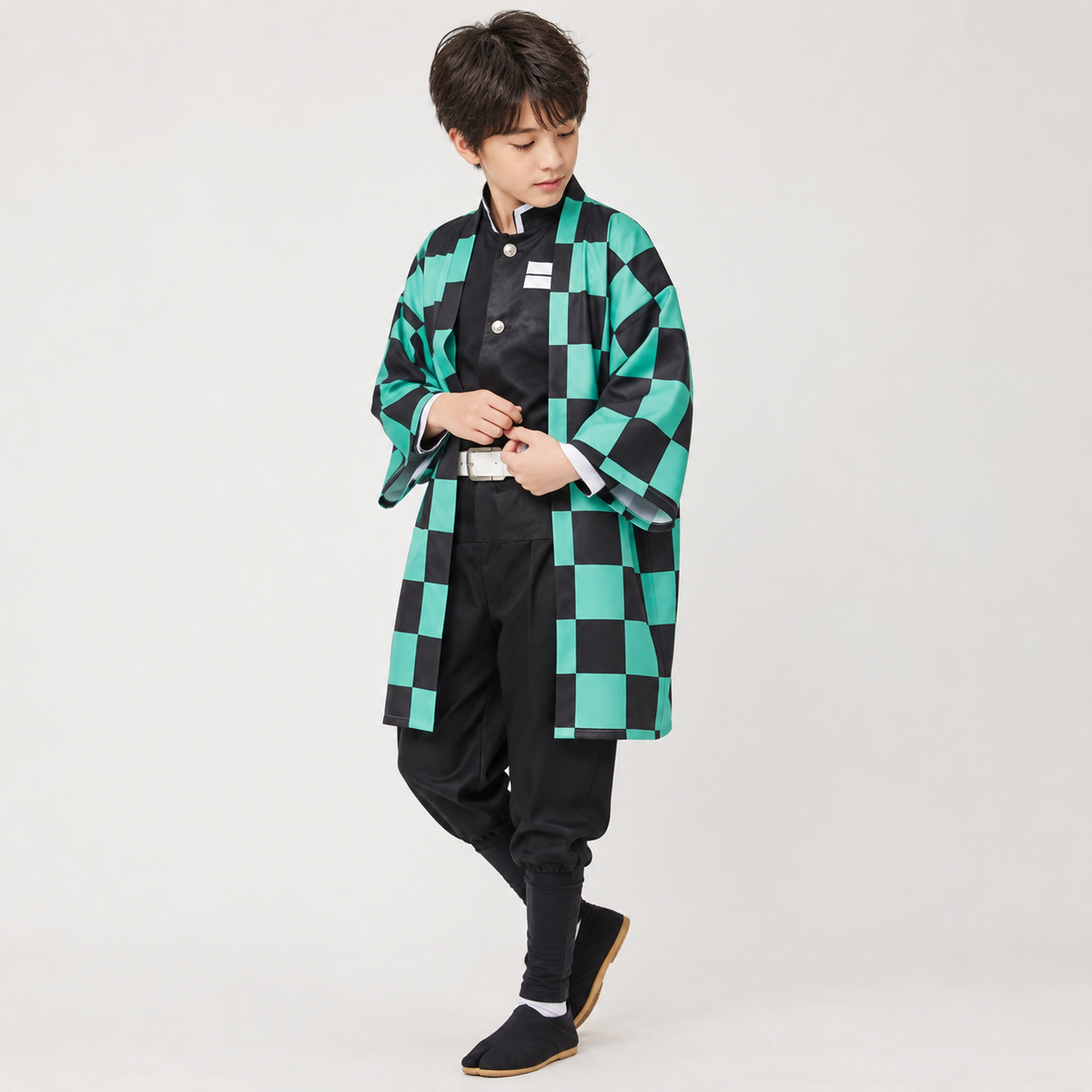 Kids Anime Cosplay Costume Checkered Haori Jacket Character Accessories Halloween Party