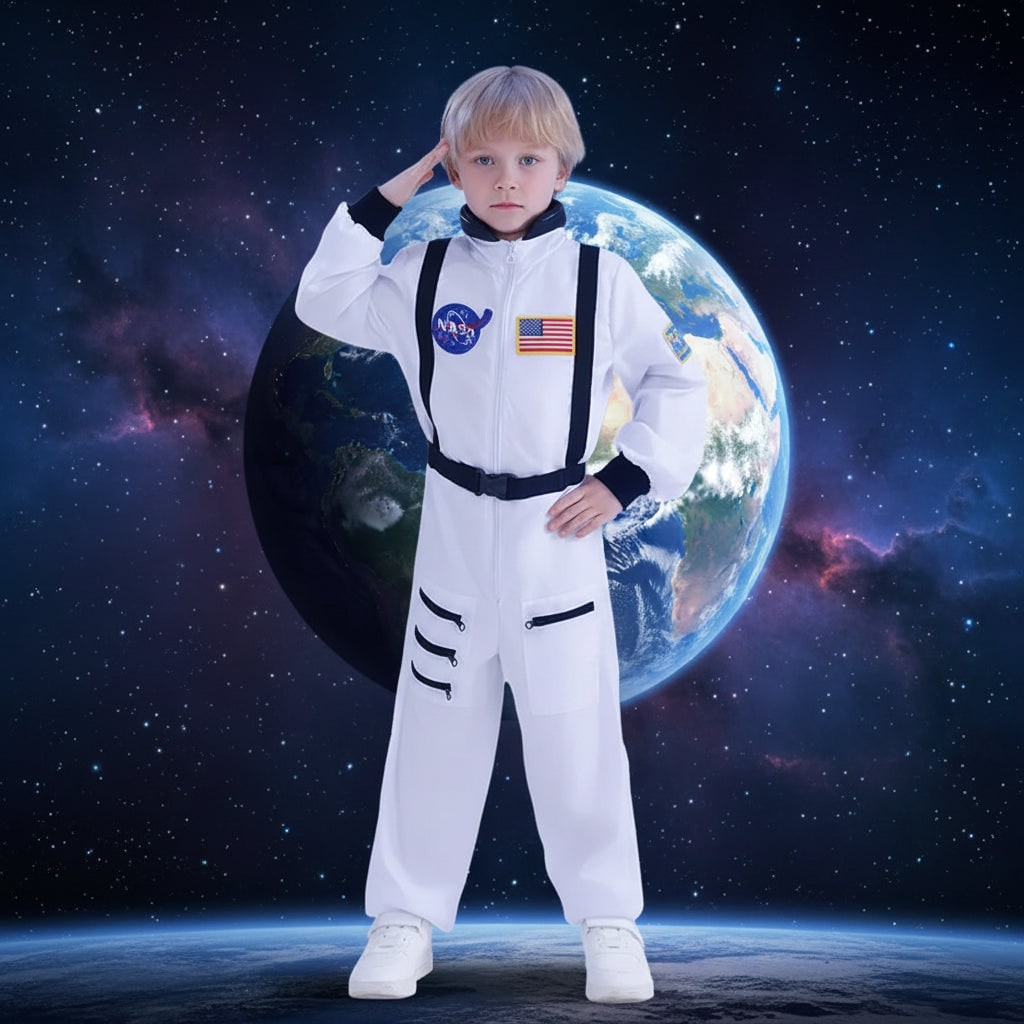 Kids Female Astronaut Costume Jumpsuit with Space Patches Halloween