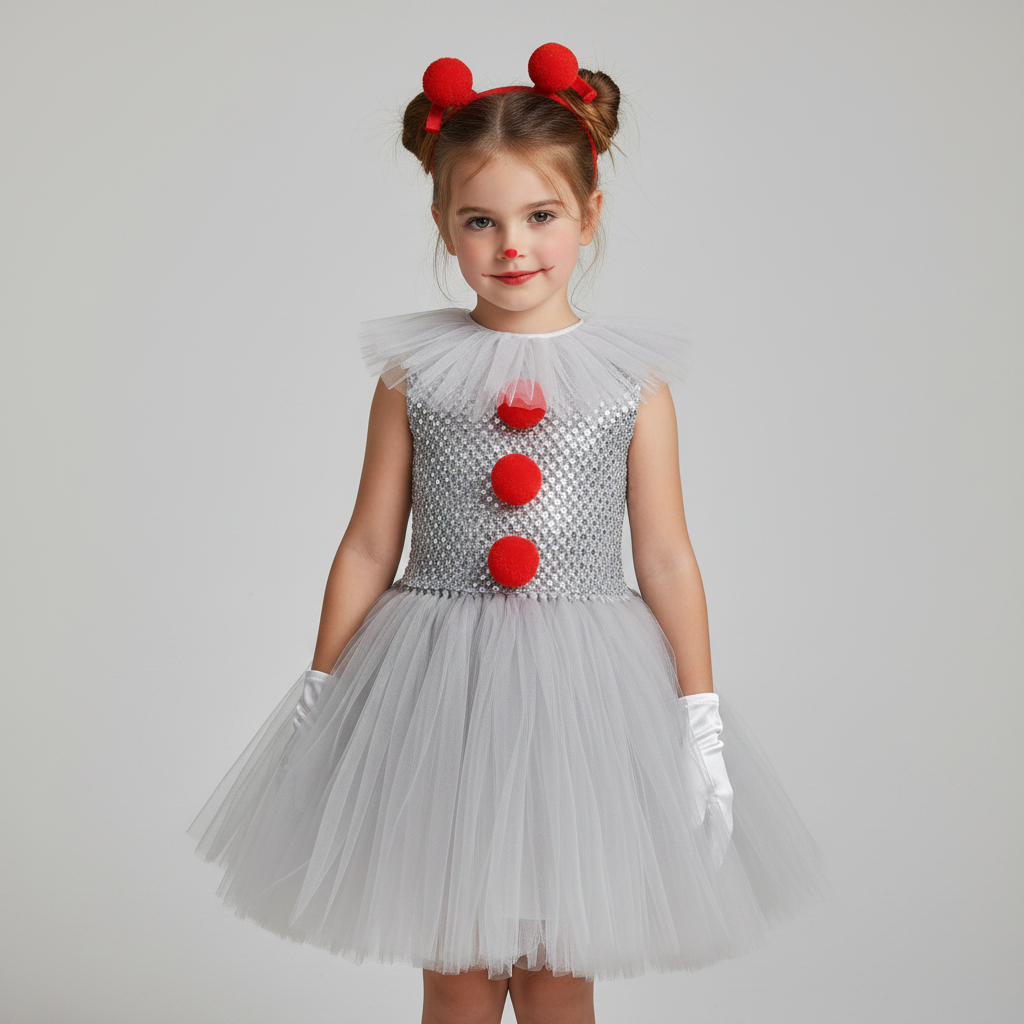 Kids Female Clown Costume Tutu Dress Hair Clips Gloves Collar Halloween Party