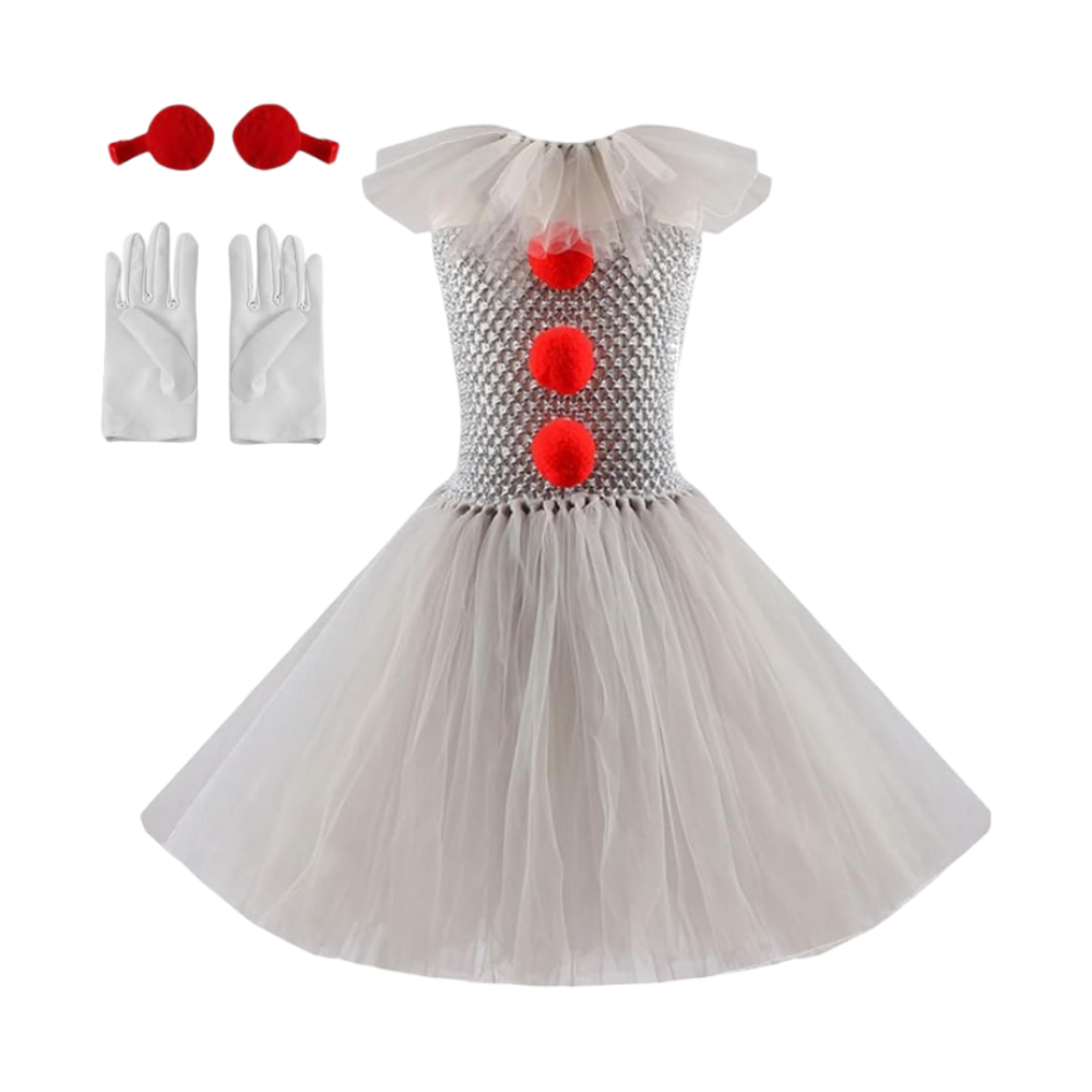 Kids Female Clown Costume Tutu Dress Hair Clips Gloves Collar Halloween Party