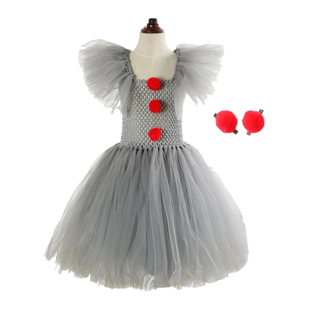 Kids Female Clown Costume Tutu Dress Hair Clips Gloves Collar Halloween Party
