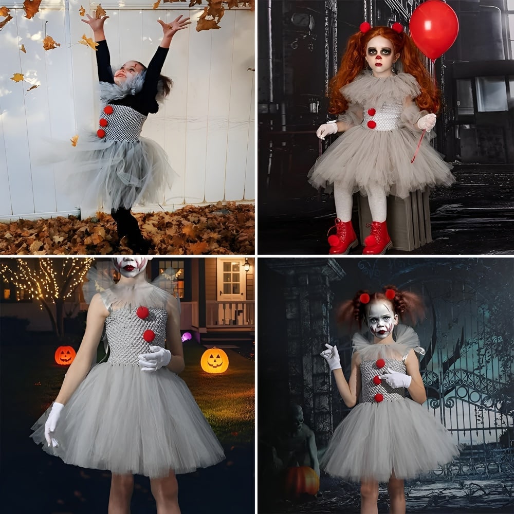Kids Female Clown Costume Tutu Dress Hair Clips Gloves Collar Halloween Party