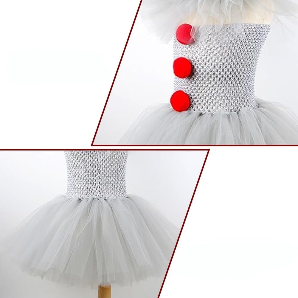 Kids Female Clown Costume Tutu Dress Hair Clips Gloves Collar Halloween Party