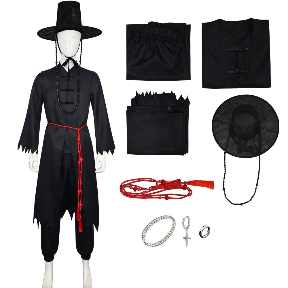Kids Korean Hanbok Costume with Hat and Silver Chain Halloween Cosplay