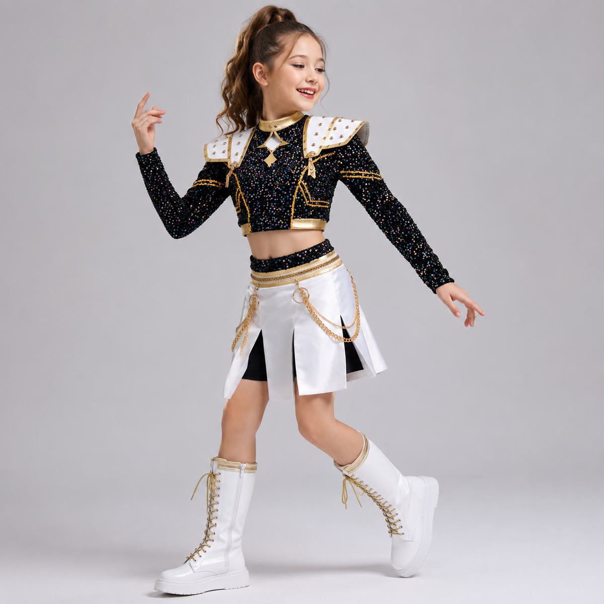 Kids Cosplay Costume Wig Sequined Crop Top Pleated Skirt Studded Shoulder Armor Halloween