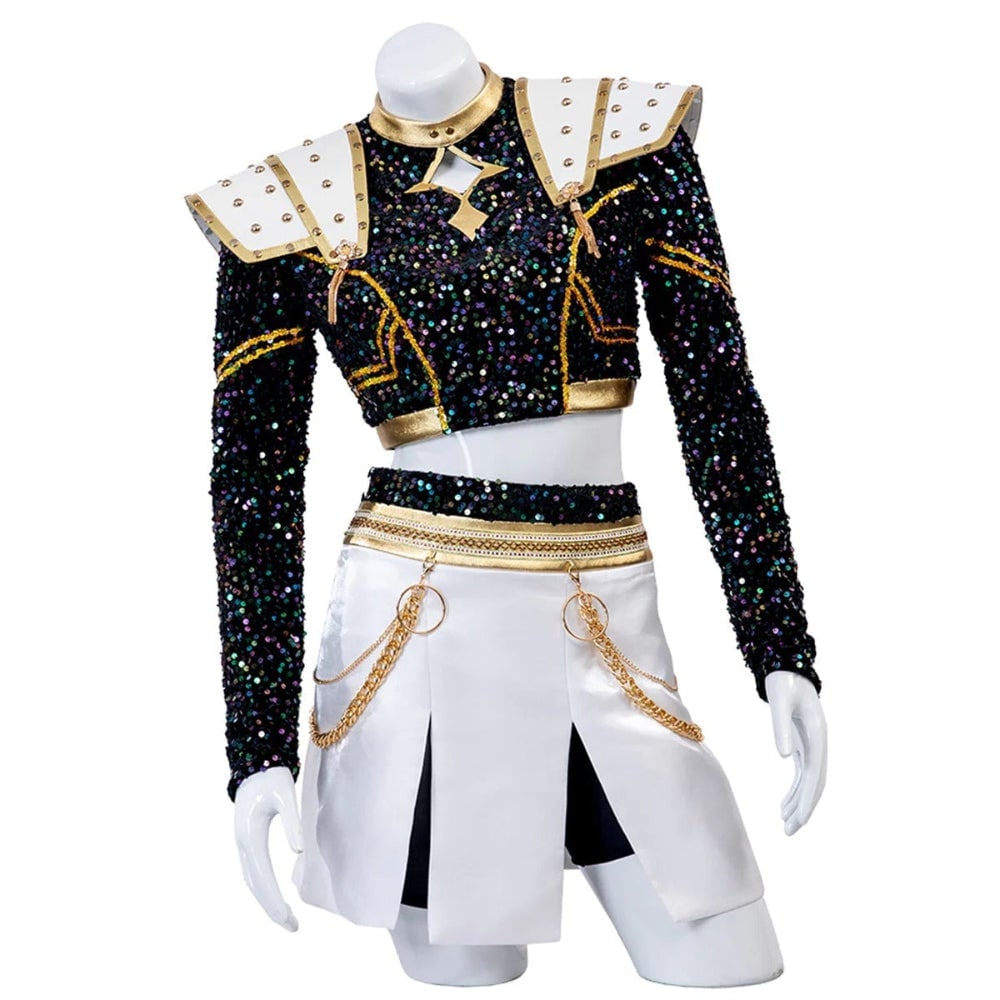 Kids Cosplay Costume Wig Sequined Crop Top Pleated Skirt Studded Shoulder Armor Halloween