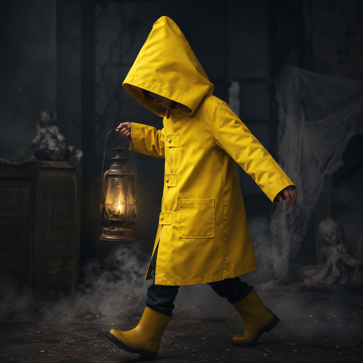 Kids Yellow Raincoat Costume Jacket Hooded Design Front Zipper Halloween Cosplay