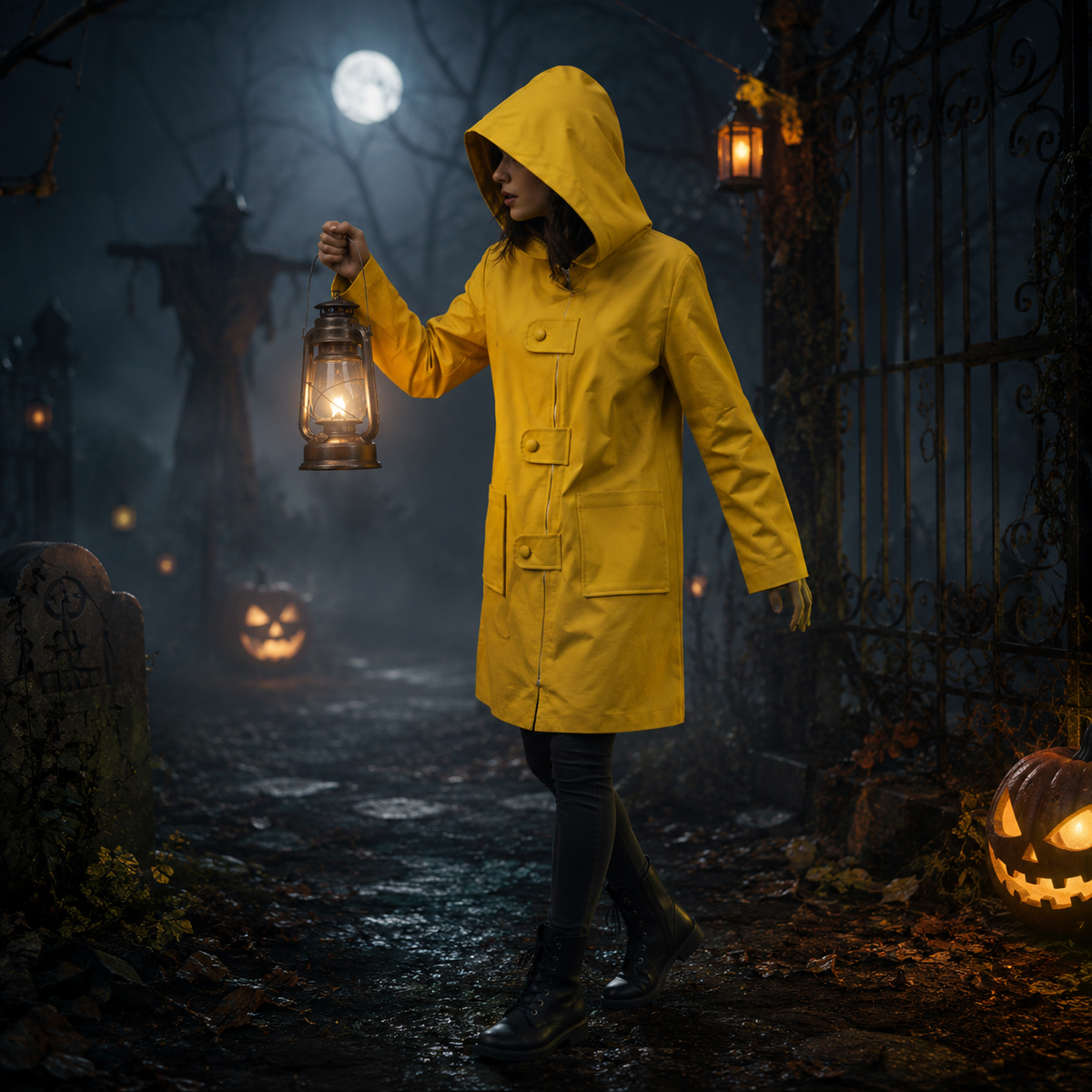 Kids Yellow Raincoat Costume Jacket Hooded Design Front Zipper Halloween Cosplay