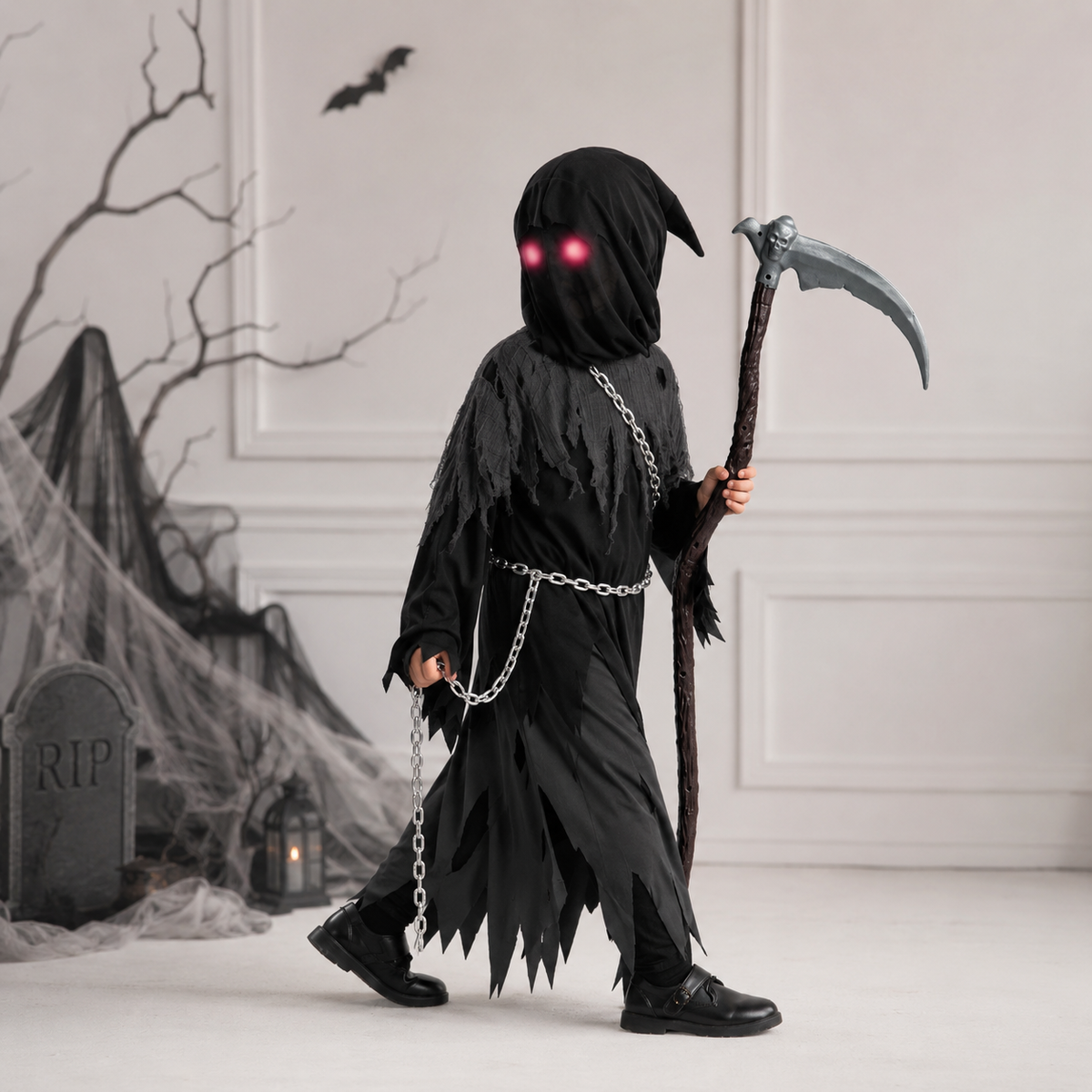 Kids Grim Reaper Costume Hooded Robe Set with Glowing Eyes and Toy Scythe Halloween