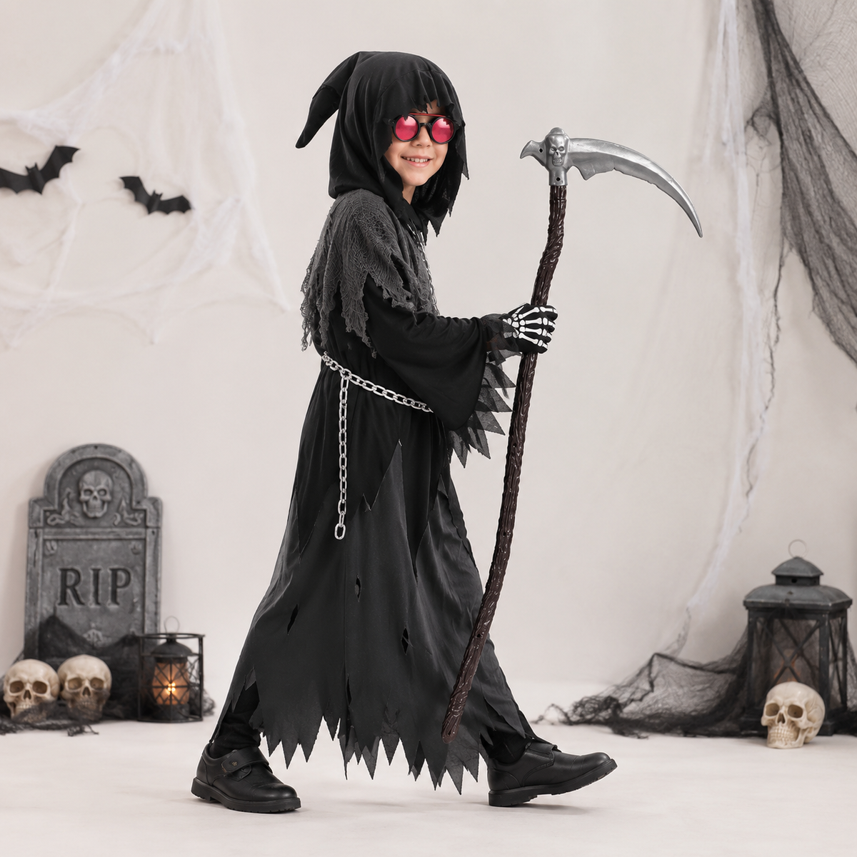 Kids Grim Reaper Costume Hooded Robe Set with Glowing Eyes and Toy Scythe Halloween