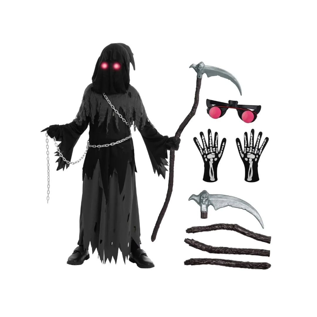 Kids Grim Reaper Costume Hooded Robe Set with Glowing Eyes and Toy Scythe Halloween