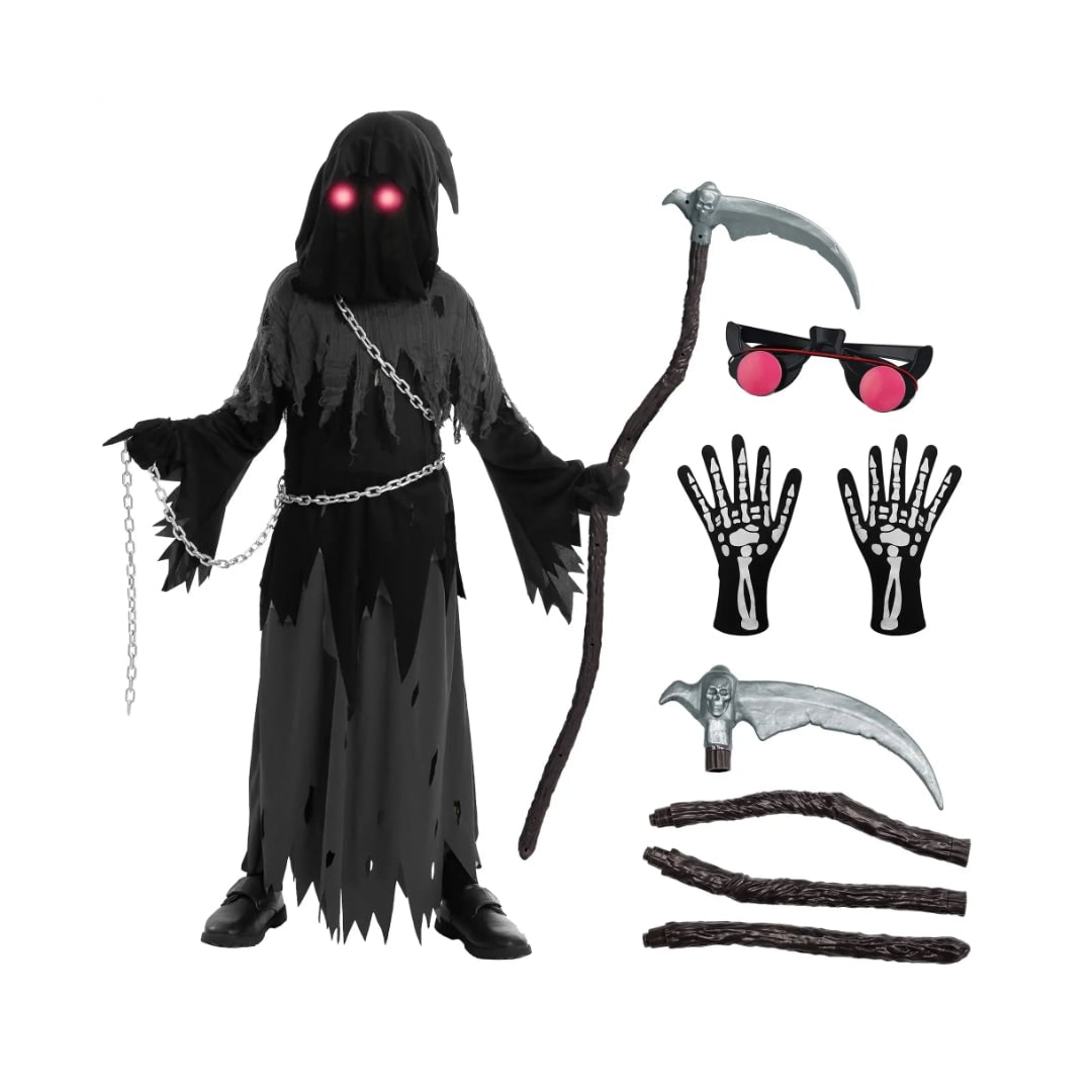 Kids Grim Reaper Costume Hooded Robe Set with Glowing Eyes and Toy Scythe Halloween