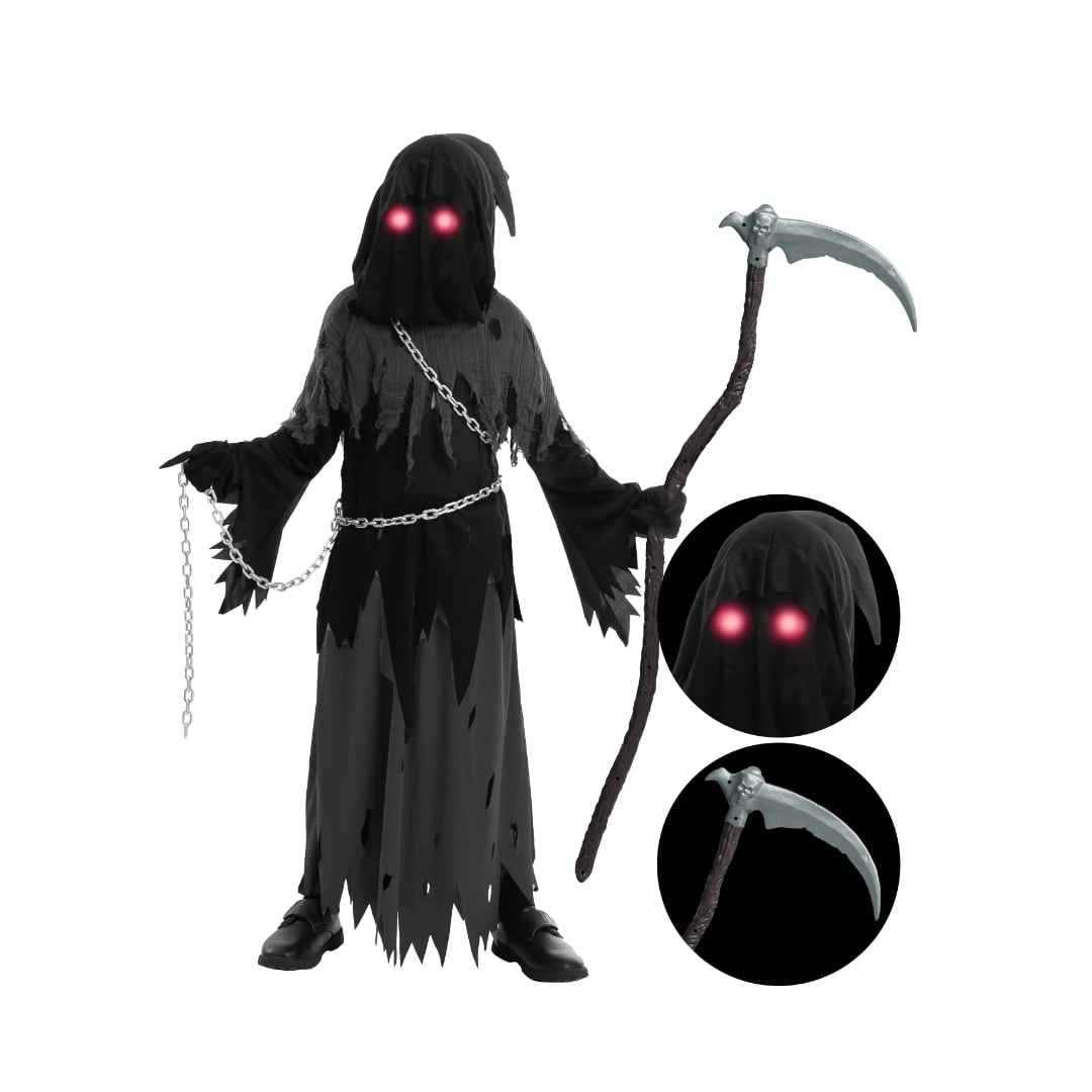 Kids Grim Reaper Costume Hooded Robe Set with Glowing Eyes and Toy Scythe Halloween