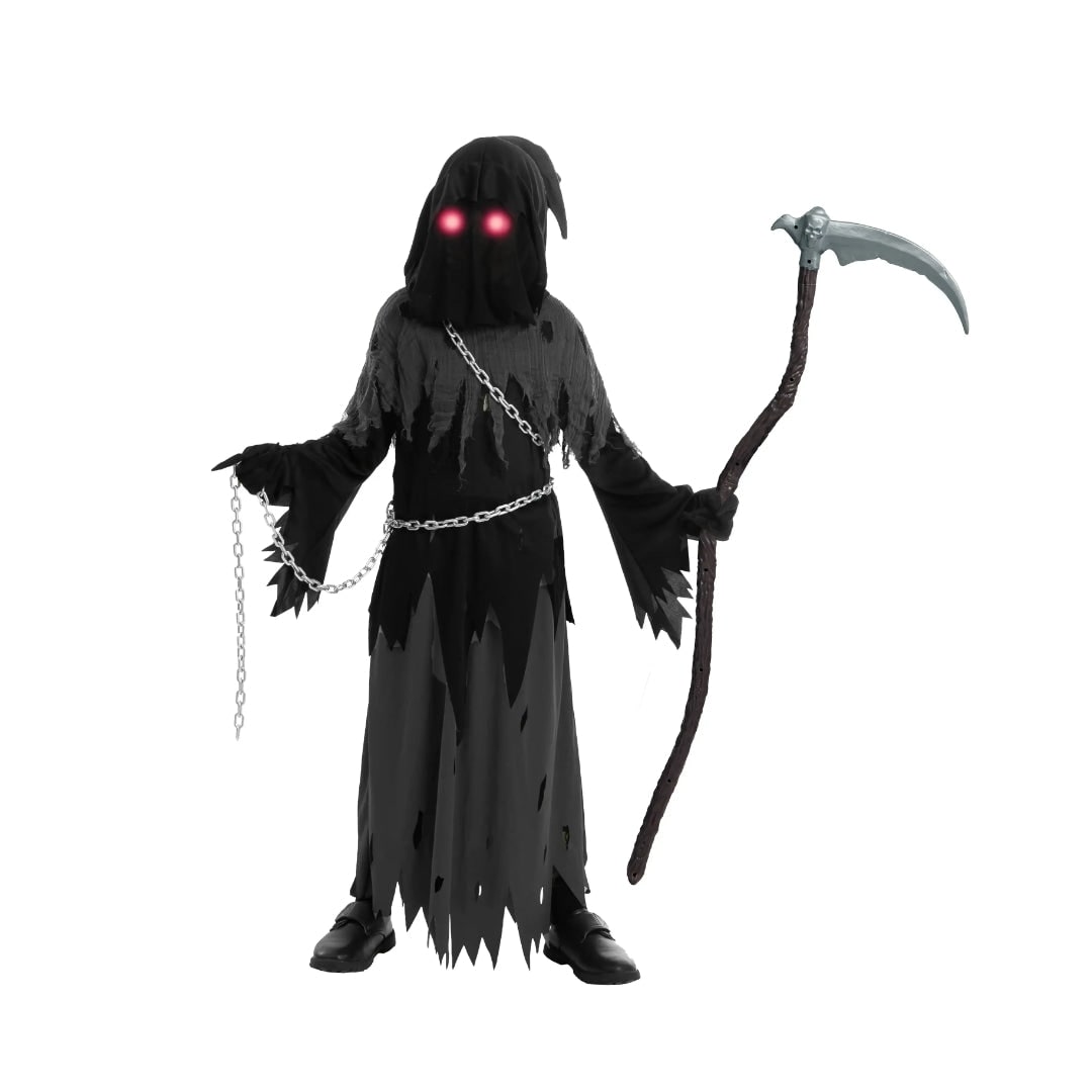 Kids Grim Reaper Costume Hooded Robe Set with Glowing Eyes and Toy Scythe Halloween