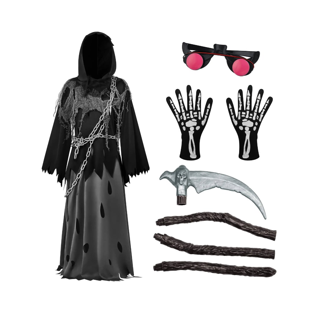 Kids Grim Reaper Costume Hooded Robe Set with Glowing Eyes and Toy Scythe Halloween