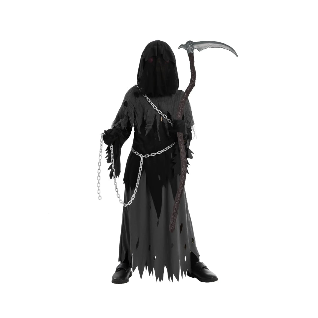 Kids Grim Reaper Costume Hooded Robe Set with Glowing Eyes and Toy Scythe Halloween