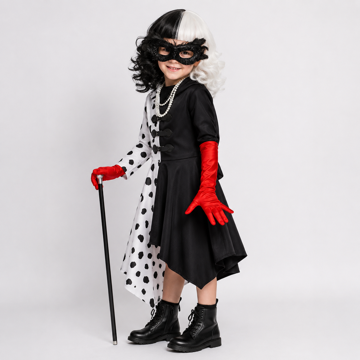 Kids Cruella Costume Dress with Dalmatian Spots and Hood Halloween Cosplay