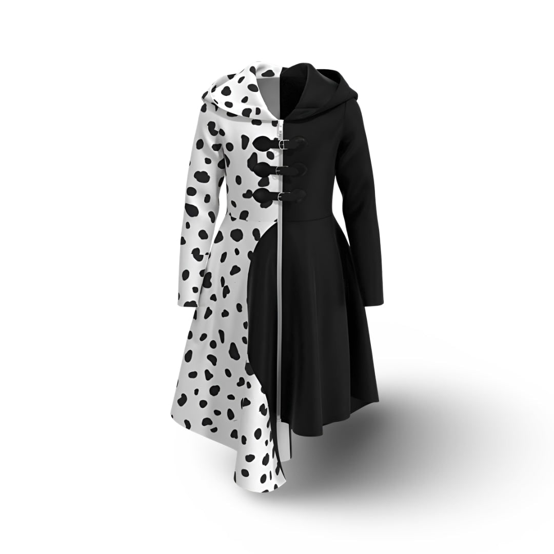 Kids Cruella Costume Dress with Dalmatian Spots and Hood Halloween Cosplay