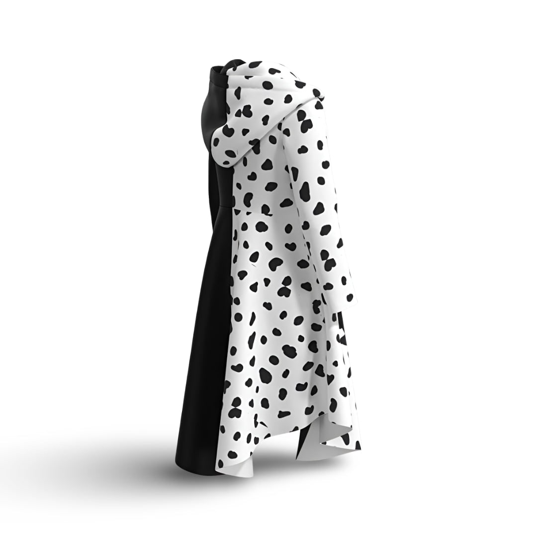 Kids Cruella Costume Dress with Dalmatian Spots and Hood Halloween Cosplay