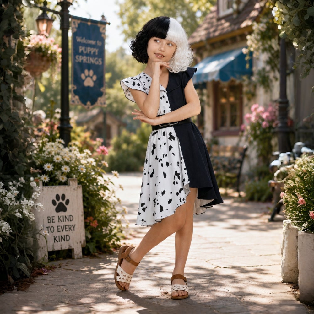 Kids Cruella De Vil Costume Dalmatian Cape and Wig Halloween